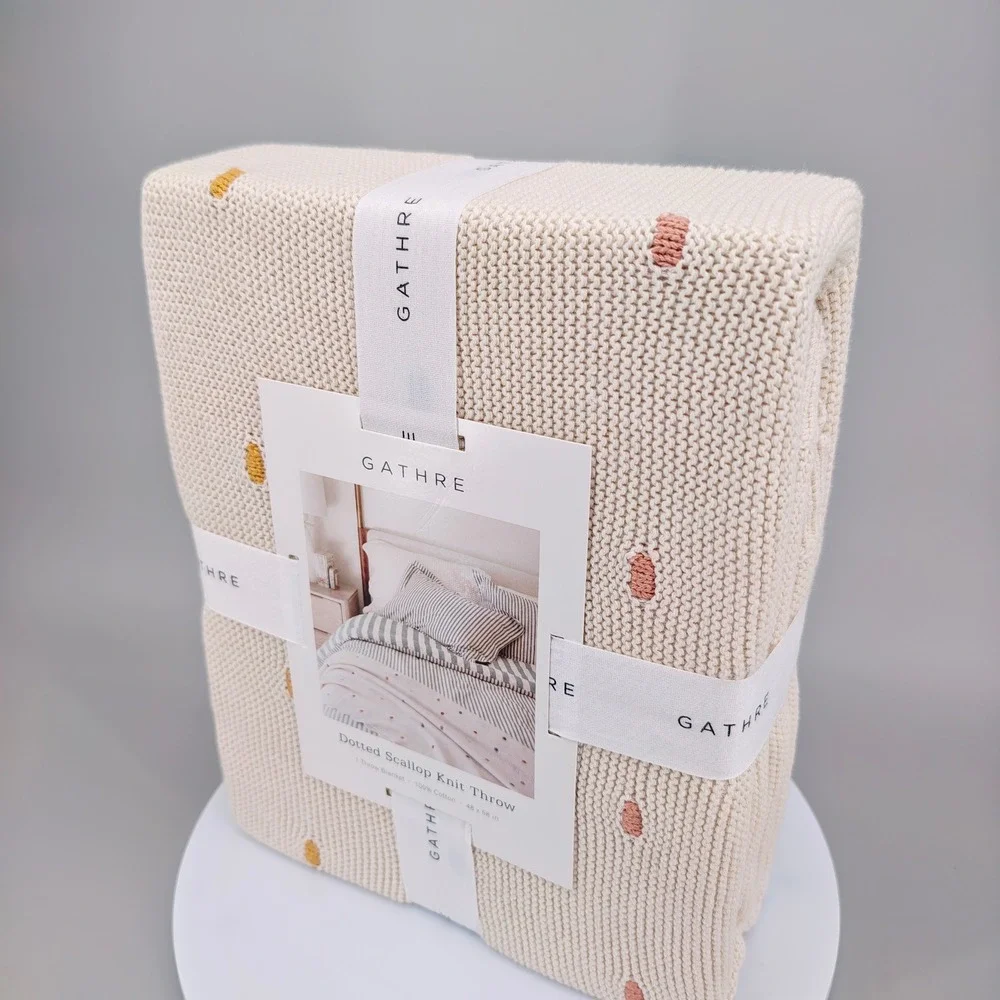Gathre Dotted Scallop Knit Throw Blanket 100% Cotton Cream Multi 48x58 New